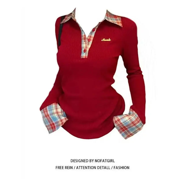 American POLO Collar Checkered Long-sleeved T-shirt Women Spring Fall New Slim Fit Embroidered Elegant Fake Two-piece Top