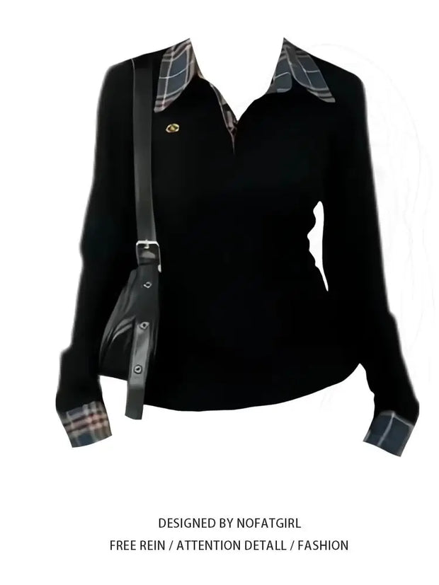 American POLO Collar Checkered Long-sleeved T-shirt Women Spring Fall New Slim Fit Embroidered Elegant Fake Two-piece Top