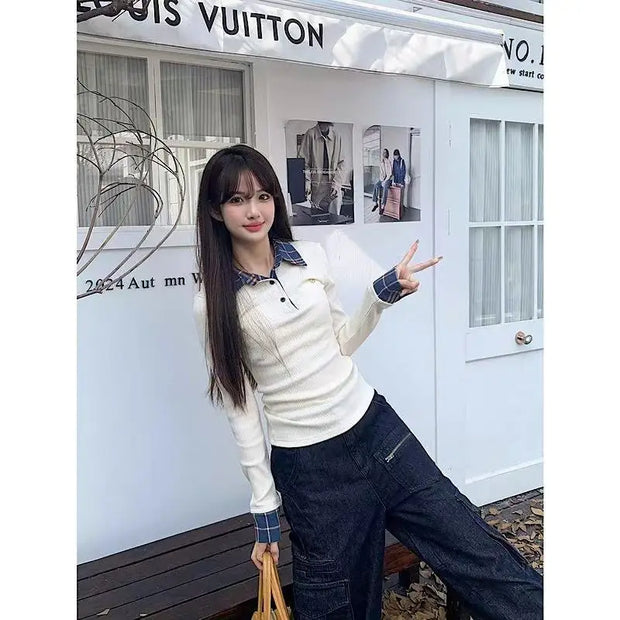 American POLO Collar Checkered Long-sleeved T-shirt Women Spring Fall New Slim Fit Embroidered Elegant Fake Two-piece Top