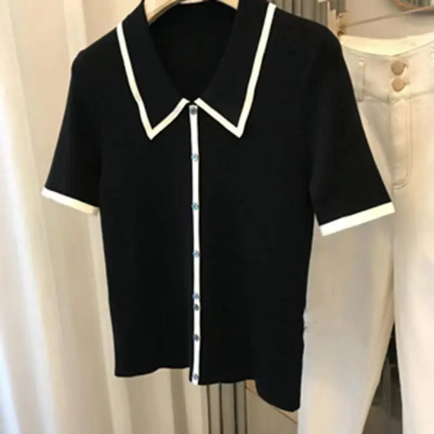 Women Fashion Black White Patchwork Polo Shirts Summer Casual Loose Short Sleeve Knit T-shirt Office Lady Chic Button Pullovers