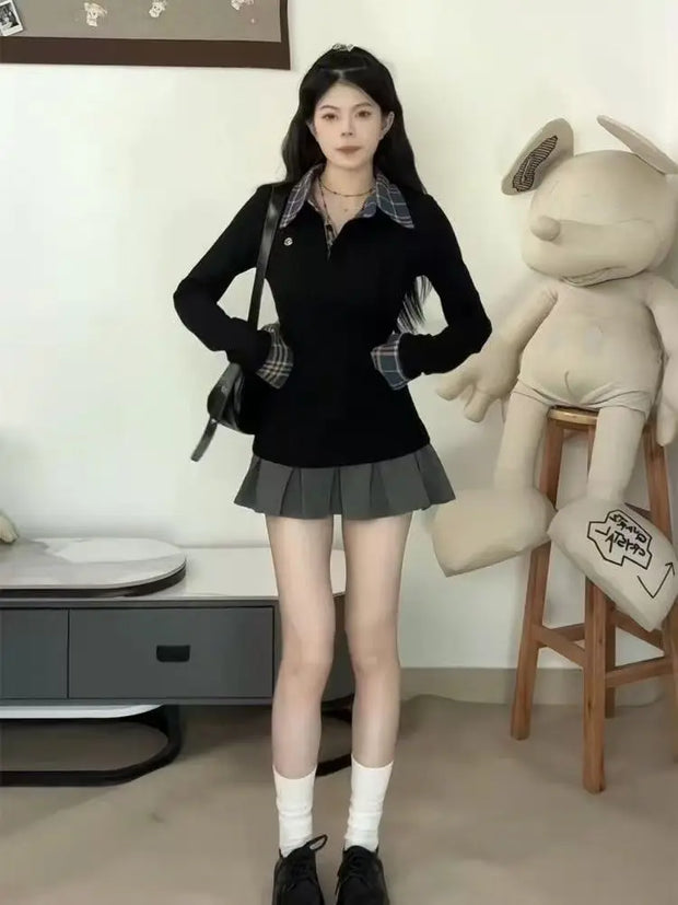 American POLO Collar Checkered Long-sleeved T-shirt Women Spring Fall New Slim Fit Embroidered Elegant Fake Two-piece Top
