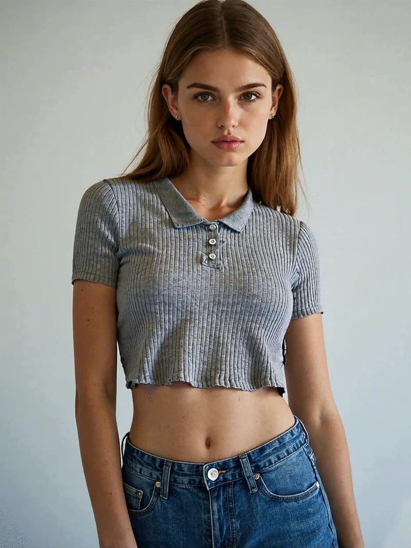 Women Knit School Polo Neck Cropped Shirt Summer Short Sleeve Youthful Solid Color Crop Top Female Basic Blouse Lady Pullover